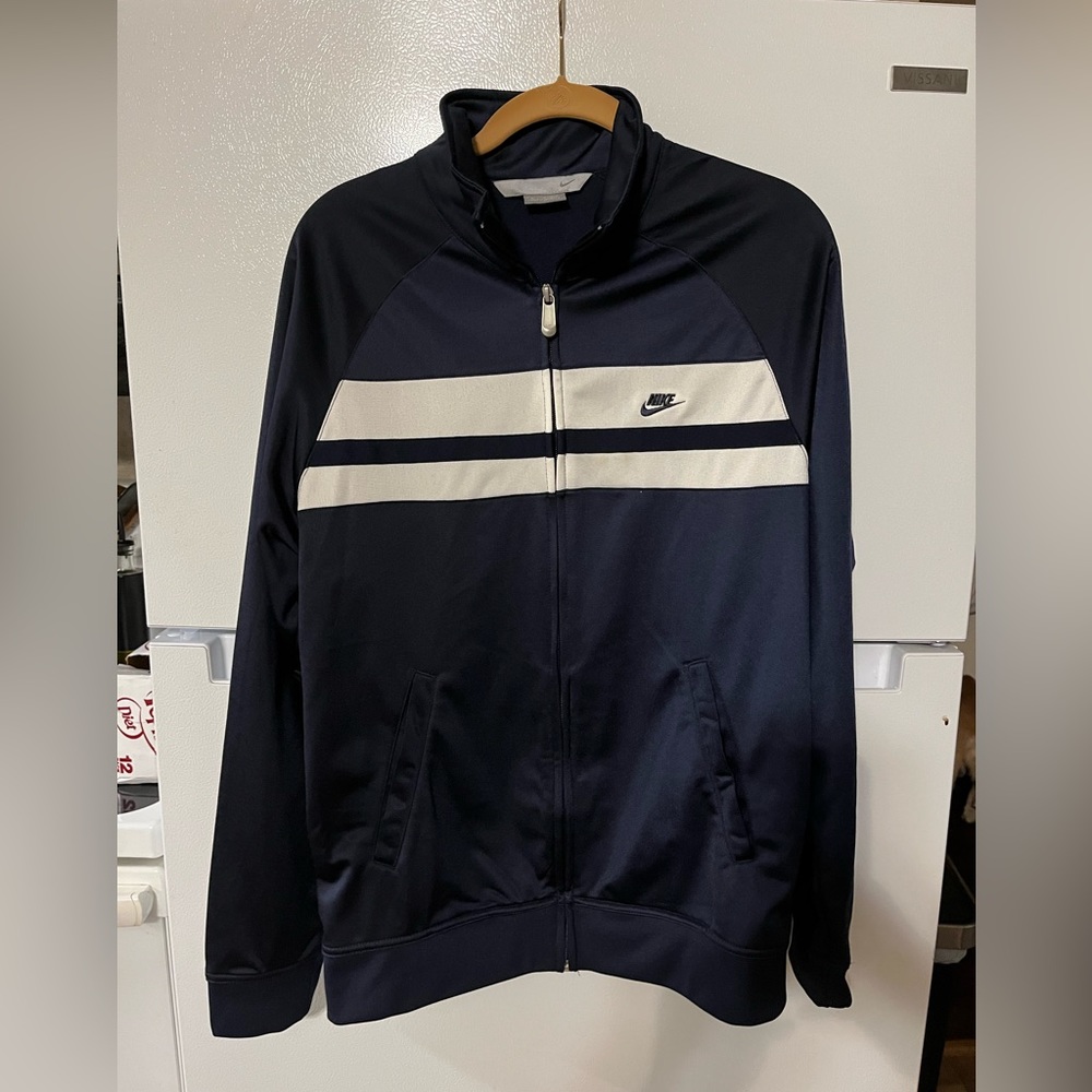 nike track jacket polyester Medium Blue With White Stripe Vintage Style Full Zip